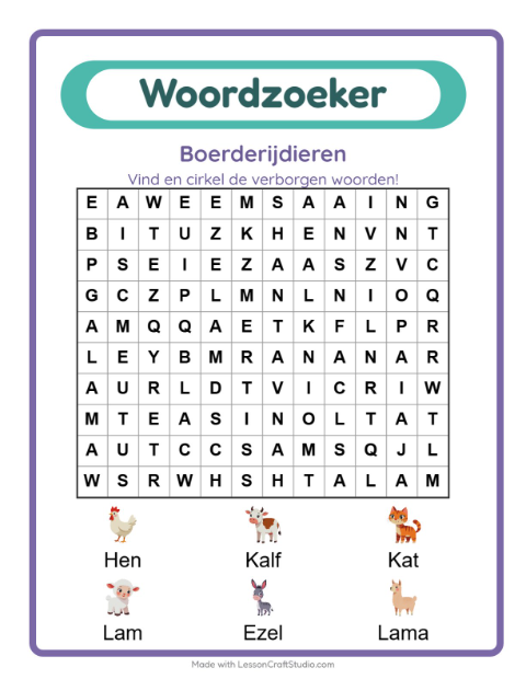 Voorbeeld van het Woordzoeker-werkblad met Boerderijdieren voor groep 3