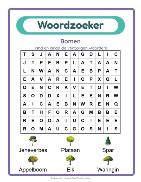 Voorbeeld van het Woordzoeker-werkblad met Bomen voor groep 3