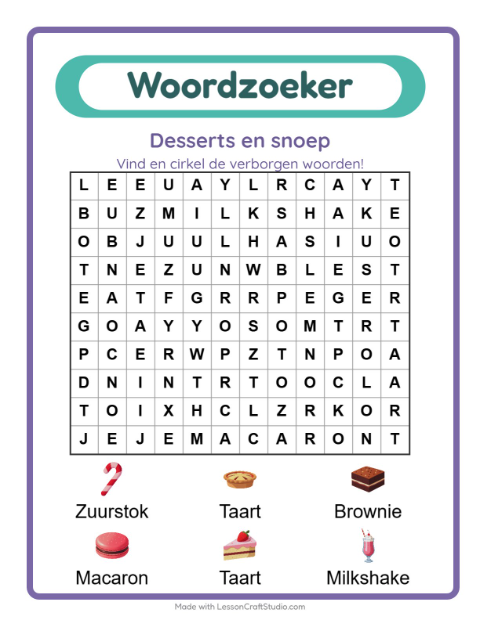 Voorbeeld van het Woordzoeker-werkblad met Desserts en snoep voor groep 3