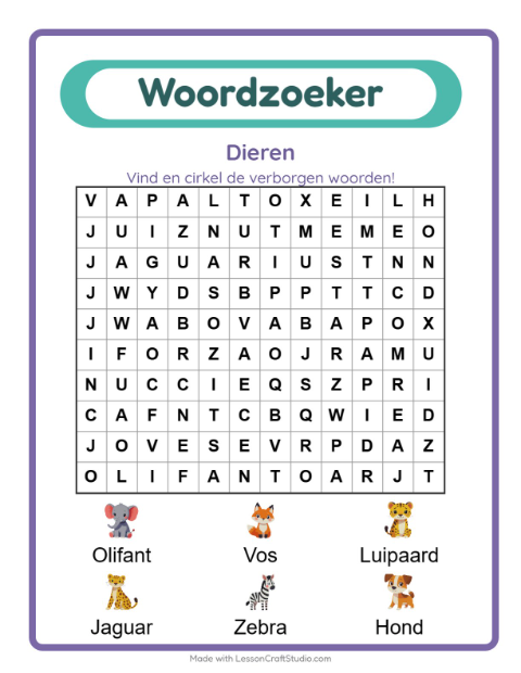 Voorbeeld van het Woordzoeker-werkblad met Dieren voor groep 3