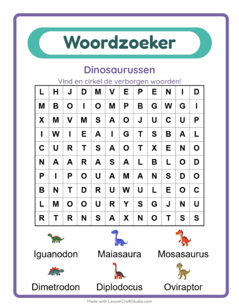 Voorbeeld van het Woordzoeker-werkblad met Dinosaurussen voor groep 3