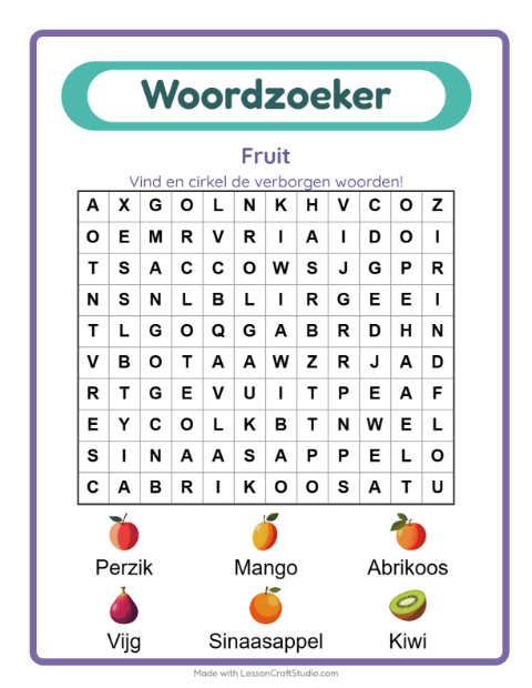 Voorbeeld van het Woordzoeker-werkblad met Fruit voor groep 3