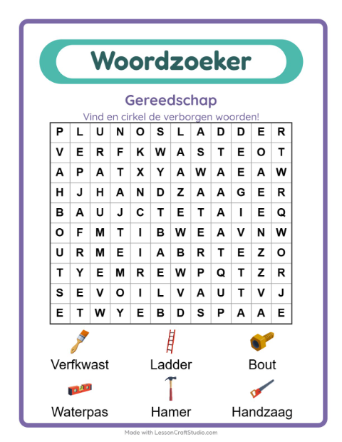Voorbeeld van het Woordzoeker-werkblad met Gereedschap voor groep 3