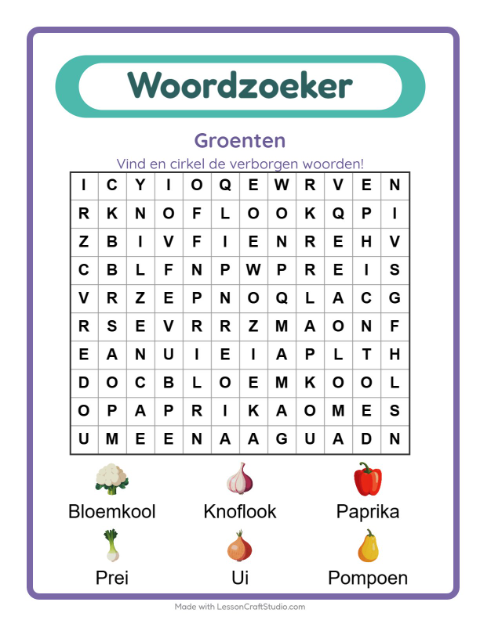 Voorbeeld van het Woordzoeker-werkblad met Groenten voor groep 3