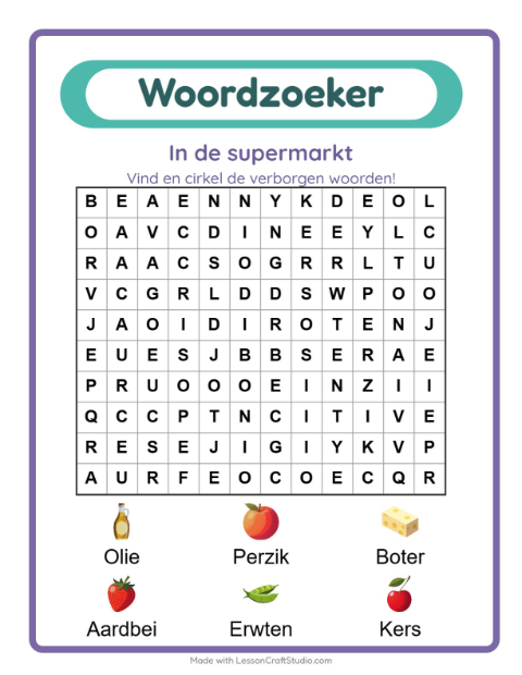 Voorbeeld van het Woordzoeker-werkblad met In de supermarkt voor groep 3
