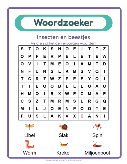 Voorbeeld van het Woordzoeker-werkblad met Insecten en beestjes voor groep 3