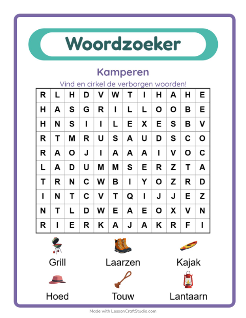 Voorbeeld van het Woordzoeker-werkblad met Kamperen voor groep 3