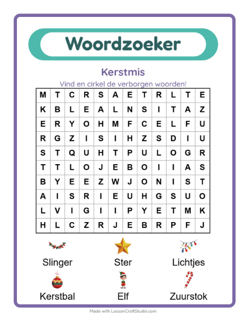 Voorbeeld van het Woordzoeker-werkblad met Kerstmis voor groep 3