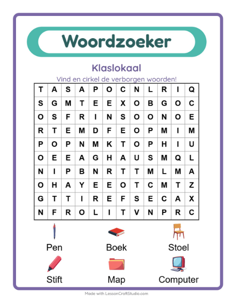 Voorbeeld van het Woordzoeker-werkblad met Klaslokaal voor groep 3