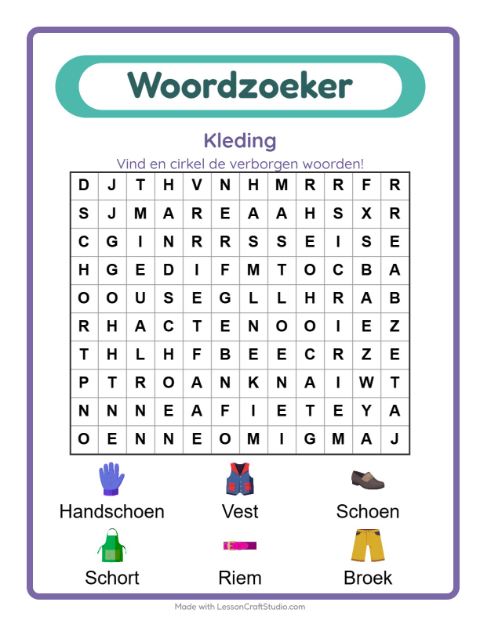Voorbeeld van het Woordzoeker-werkblad met Kleding voor groep 3