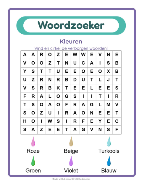 Voorbeeld van het Woordzoeker-werkblad met Kleuren voor groep 3