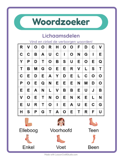 Voorbeeld van het Woordzoeker-werkblad met Lichaamsdelen voor groep 3
