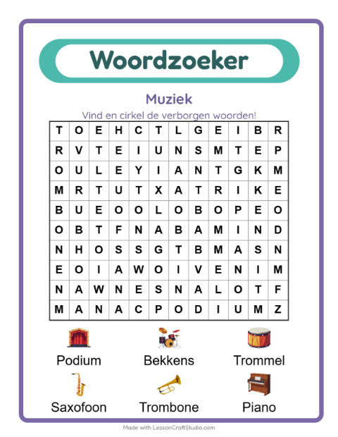 Voorbeeld van het Woordzoeker-werkblad met Muziek voor groep 3