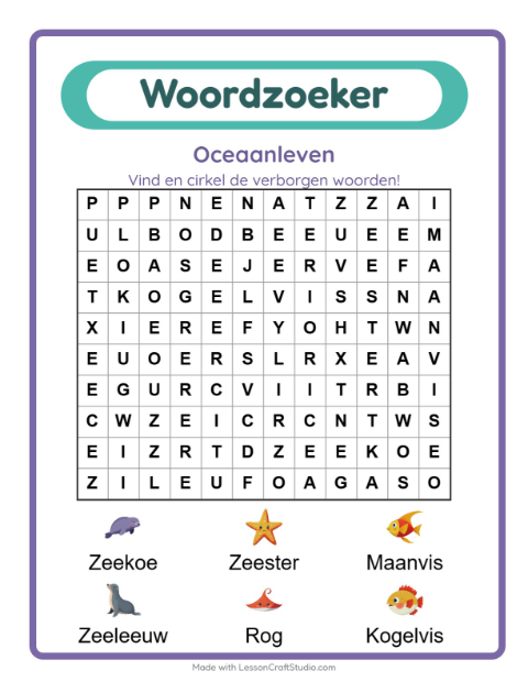 Voorbeeld van het Woordzoeker-werkblad met Oceaanleven voor groep 3