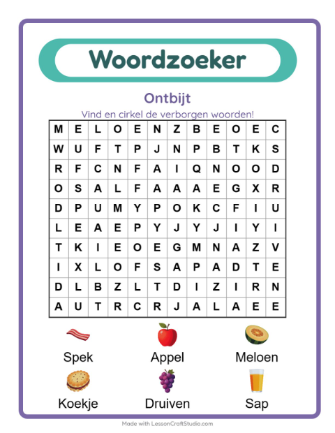 Voorbeeld van het Woordzoeker-werkblad met Ontbijt voor groep 3