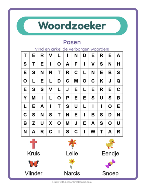 Voorbeeld van het Woordzoeker-werkblad met Pasen voor groep 3