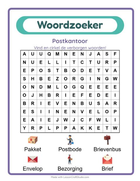 Voorbeeld van het Woordzoeker-werkblad met Postkantoor voor groep 3