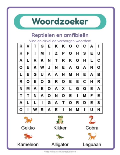 Voorbeeld van het Woordzoeker-werkblad met Reptielen en amfibieën voor groep 3