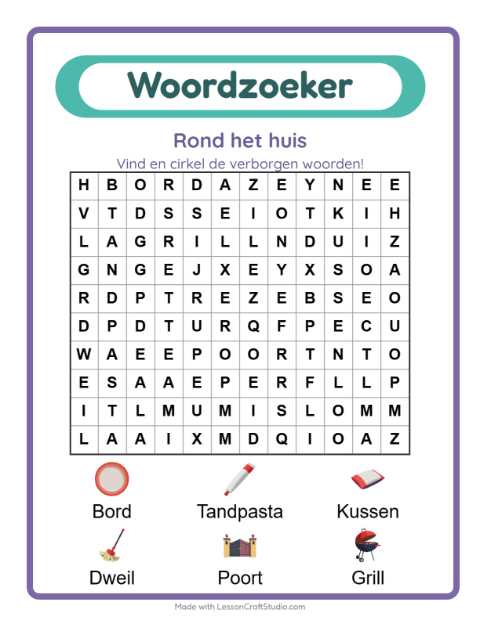 Voorbeeld van het Woordzoeker-werkblad met Rond het huis voor groep 3