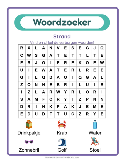 Voorbeeld van het Woordzoeker-werkblad met Strand voor groep 3