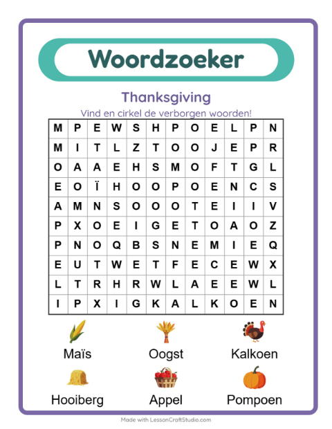 Voorbeeld van het Woordzoeker-werkblad met Thanksgiving voor groep 3