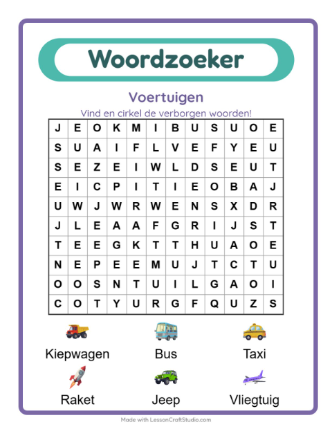 Voorbeeld van het Woordzoeker-werkblad met Voertuigen voor groep 3