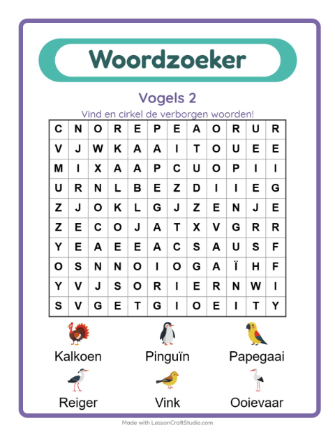 Voorbeeld van het Woordzoeker-werkblad met Vogels 2 voor groep 3