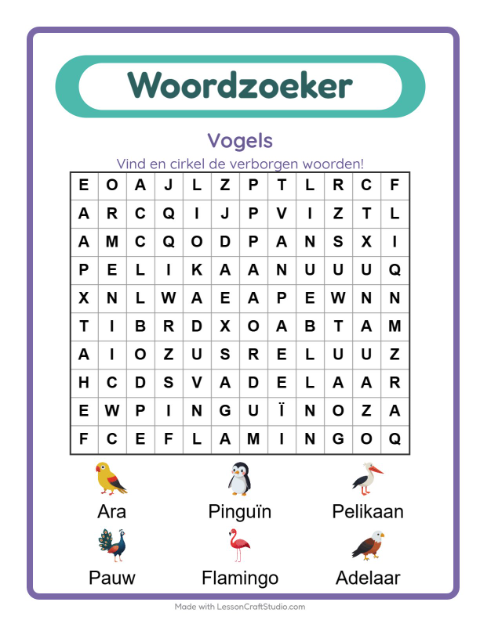 Voorbeeld van het Woordzoeker-werkblad met Vogels voor groep 3