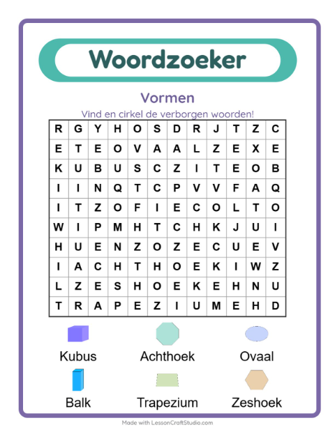 Voorbeeld van het Woordzoeker-werkblad met Vormen voor groep 3