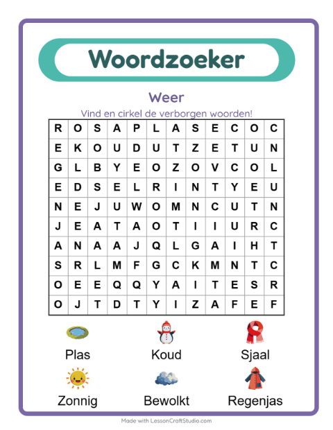 Voorbeeld van het Woordzoeker-werkblad met Weer voor groep 3