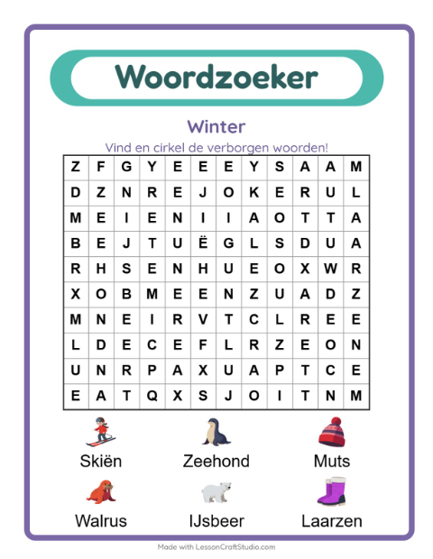 Voorbeeld van het Woordzoeker-werkblad met Winter voor groep 3