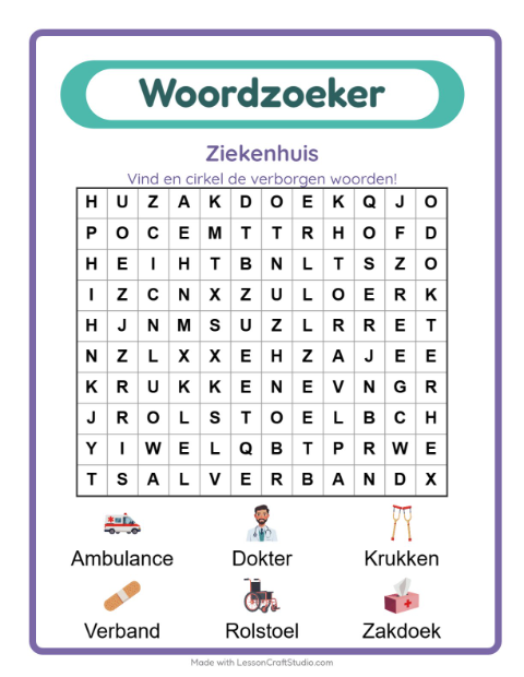 Voorbeeld van het Woordzoeker-werkblad met Ziekenhuis voor groep 3