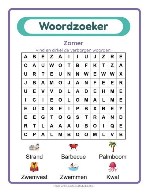Voorbeeld van het Woordzoeker-werkblad met Zomer voor groep 3