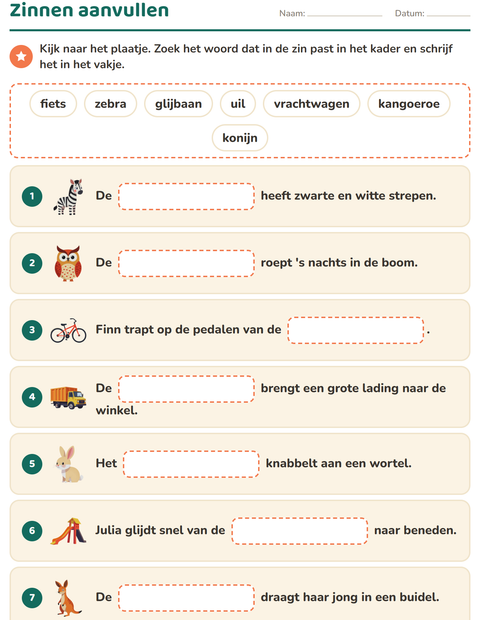 Voorbeeld van het Zinnen aanvullen-werkblad voor groep 3