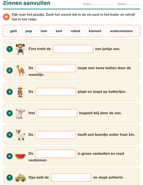 Voorbeeld van het Zinnen aanvullen-werkblad voor groep 3