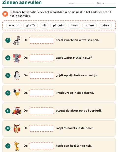 Zinnen aanvullen met het woord uit het kader
