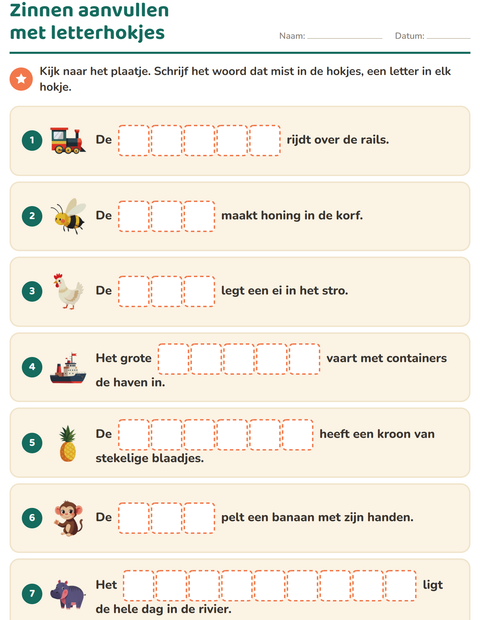 Voorbeeld van het Zinnen aanvullen-werkblad voor groep 3