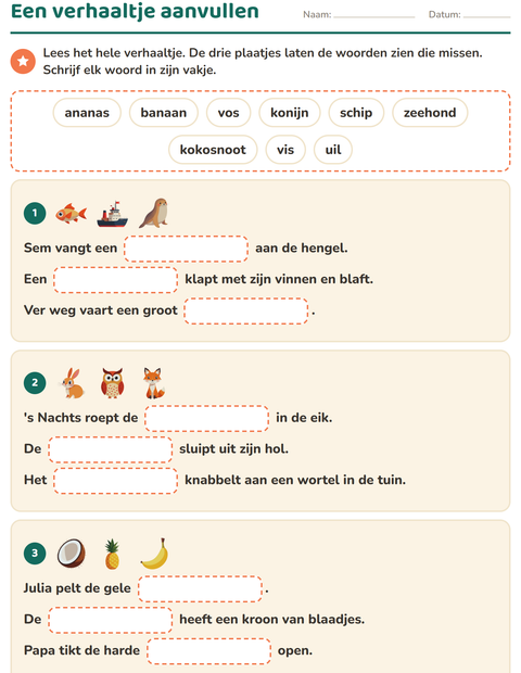Voorbeeld van het Zinnen aanvullen-werkblad voor groep 4