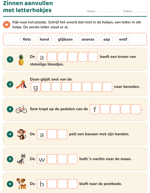 Voorbeeld van het Zinnen aanvullen-werkblad voor groep 3