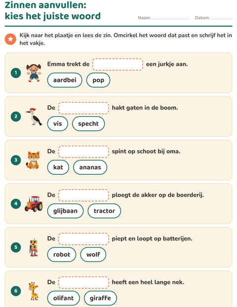 Voorbeeld van het Zinnen aanvullen-werkblad voor groep 3