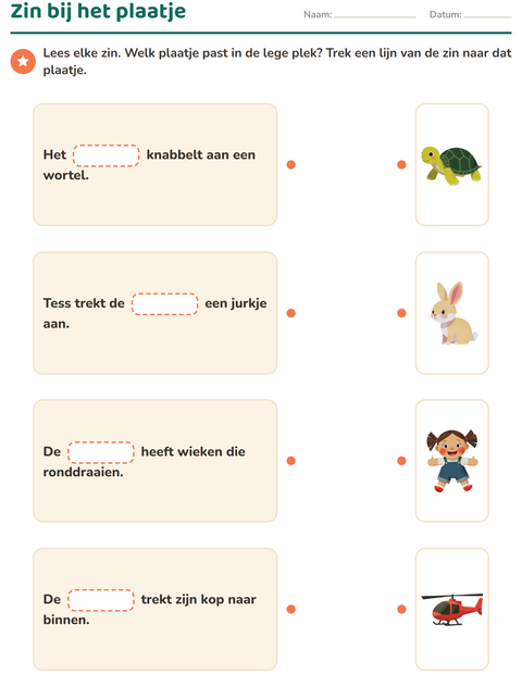 Voorbeeld van het Zinnen aanvullen-werkblad voor groep 3