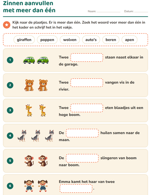 Voorbeeld van het Zinnen aanvullen-werkblad voor groep 4
