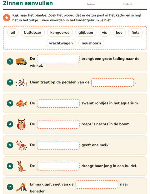 Voorbeeld van het Zinnen aanvullen-werkblad voor groep 3