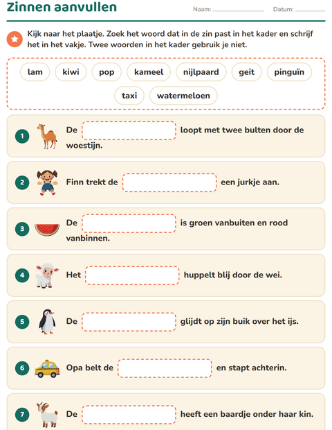 Voorbeeld van het Zinnen aanvullen-werkblad voor groep 3