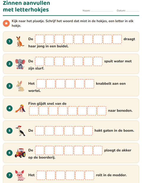 Voorbeeld van het Zinnen aanvullen-werkblad voor groep 3