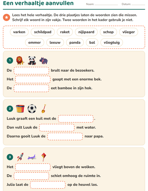 Voorbeeld van het Zinnen aanvullen-werkblad voor groep 4