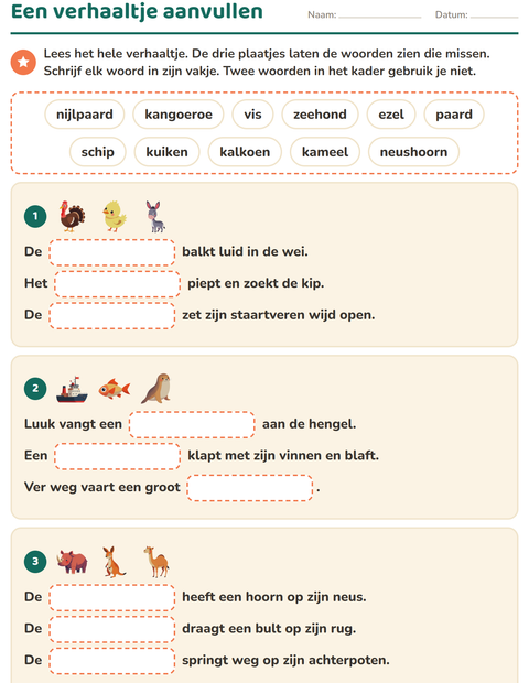 Voorbeeld van het Zinnen aanvullen-werkblad voor groep 4