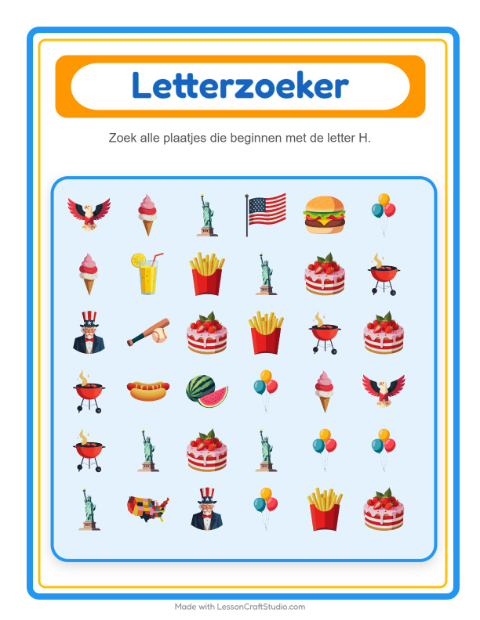 Voorbeeld van het Zoek En Tel-werkblad met 4 juli voor peuterklas