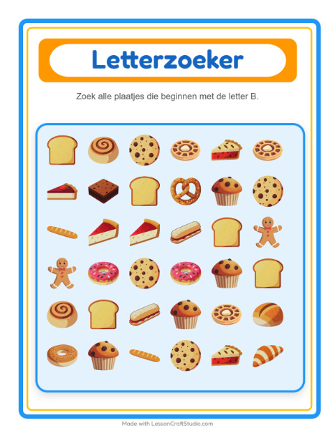Voorbeeld van het Zoek En Tel-werkblad met Bakkerij voor peuterklas