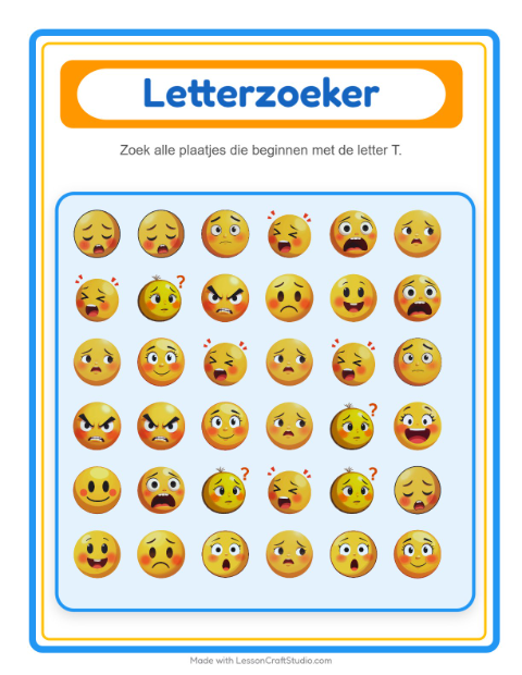 Voorbeeld van Zoek de beginklank bij emoties – werkblad voor kleuters